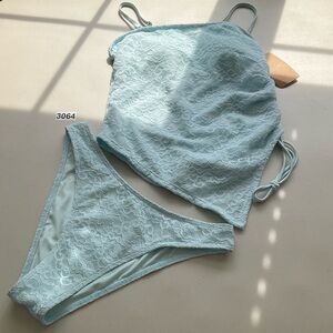 Samiol Light Blue Side Ruched Floral Lace Tankini Bikini Set Size M